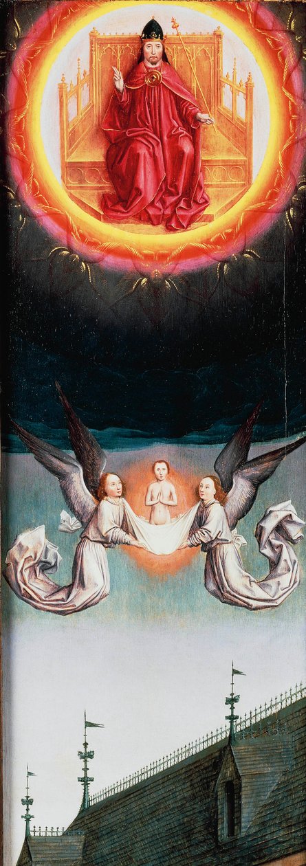 Dusza św. Bertina wznosząca się do nieba, fragment Ołtarza św. Bertina, ok. 1459, autor: Simon Marmion (ok. 1425-1489), olej na desce, 57,7x20,5 cm autorstwa Simon Marmion