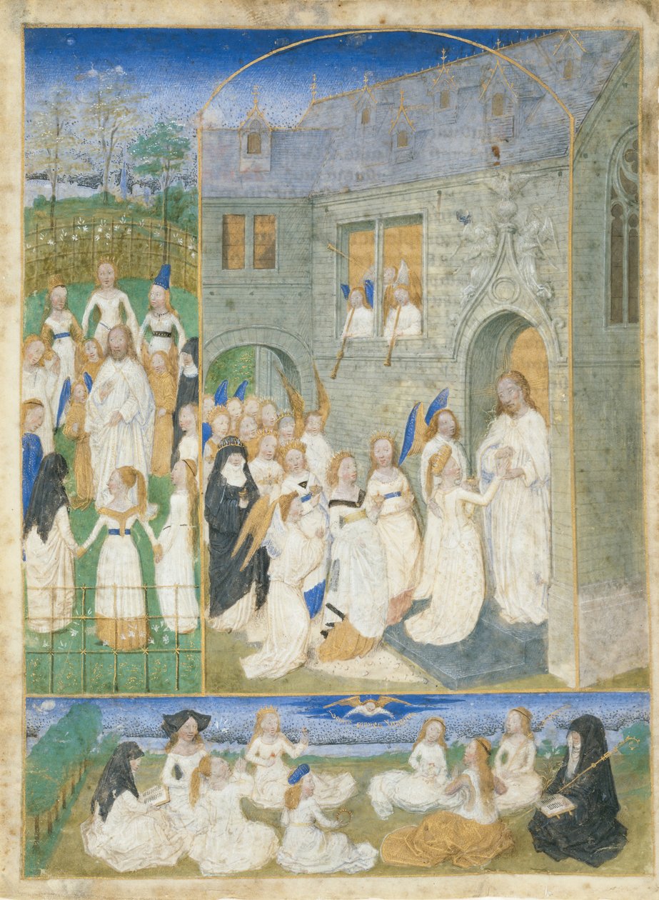 Święte Dziewice Powitane przez Chrystusa, gdy wkraczają do bram raju, ca. 1467-70. autorstwa Simon Marmion