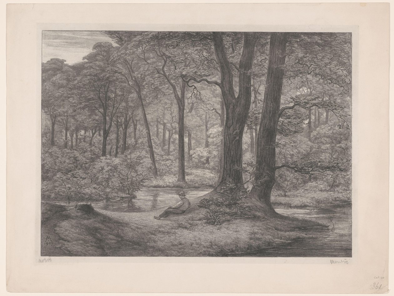 Las ze stawem i leżącym mężczyzną Las Teutoburski (widok na las) (tytuł oryginalny) autorstwa Simon Moulijn (signed by artist)