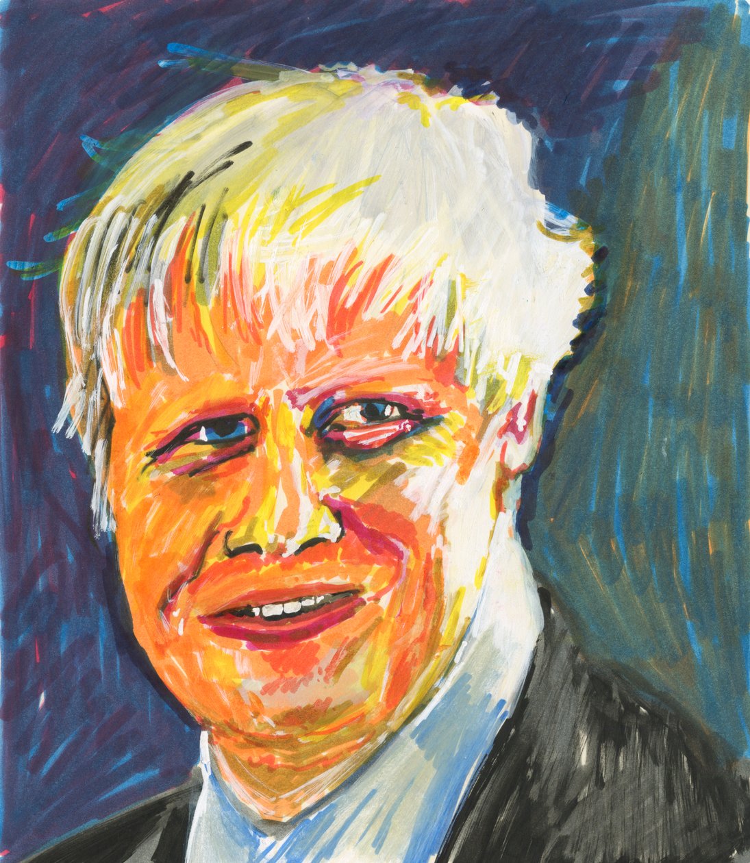 Boris Johnson, 2019 (tusz i farba akrylowa na papierze) autorstwa Simon Neville