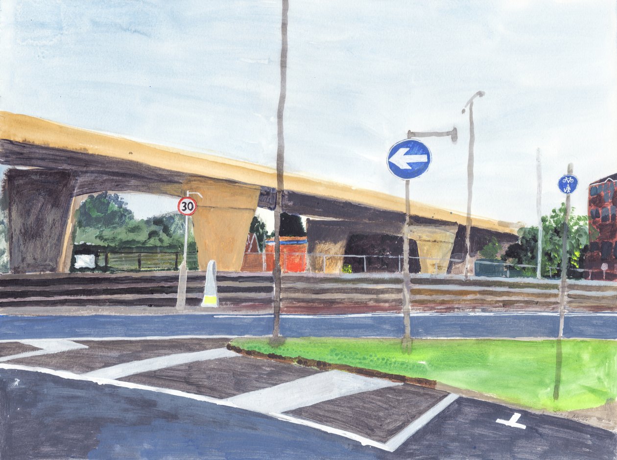 Betonowy wiadukt, 2019 (akryl, akwarela i tusz na papierze) autorstwa Simon Neville