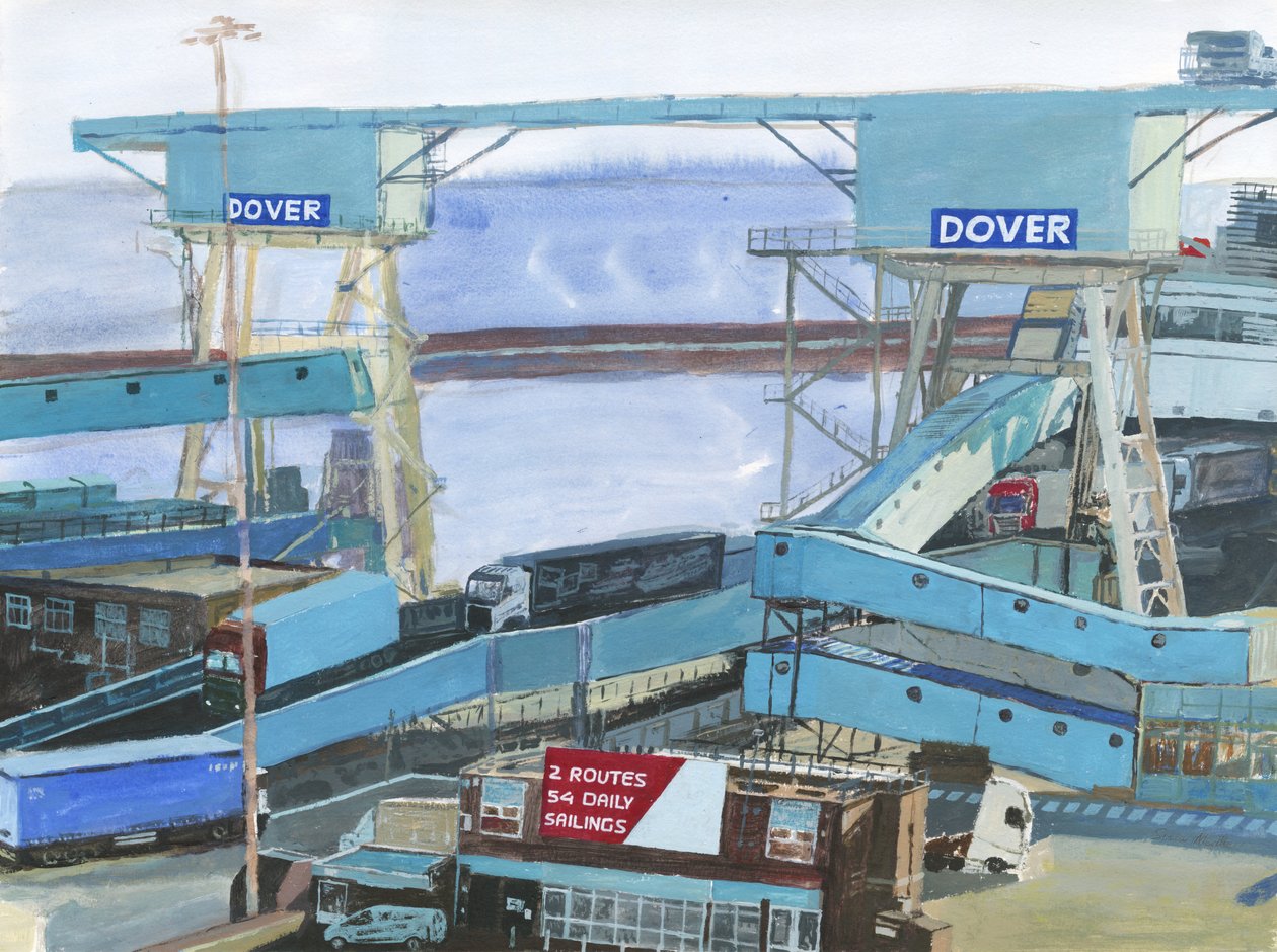 Dover 2, 2019 (akryl, akwarela i tusz na papierze) autorstwa Simon Neville