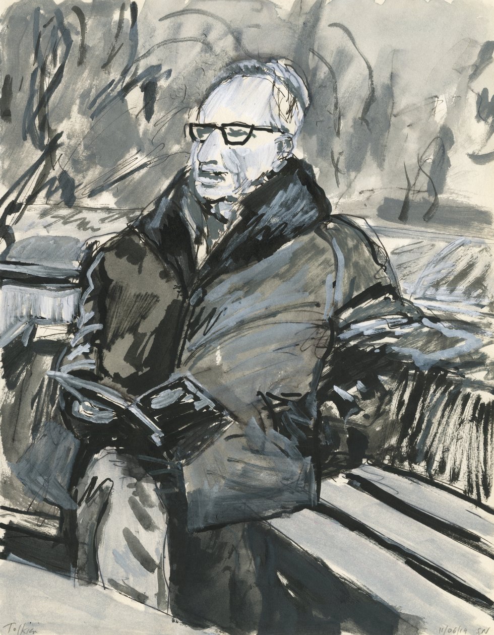 Mężczyzna czytający książkę, 2019 (tusz i farba akrylowa na papierze) autorstwa Simon Neville