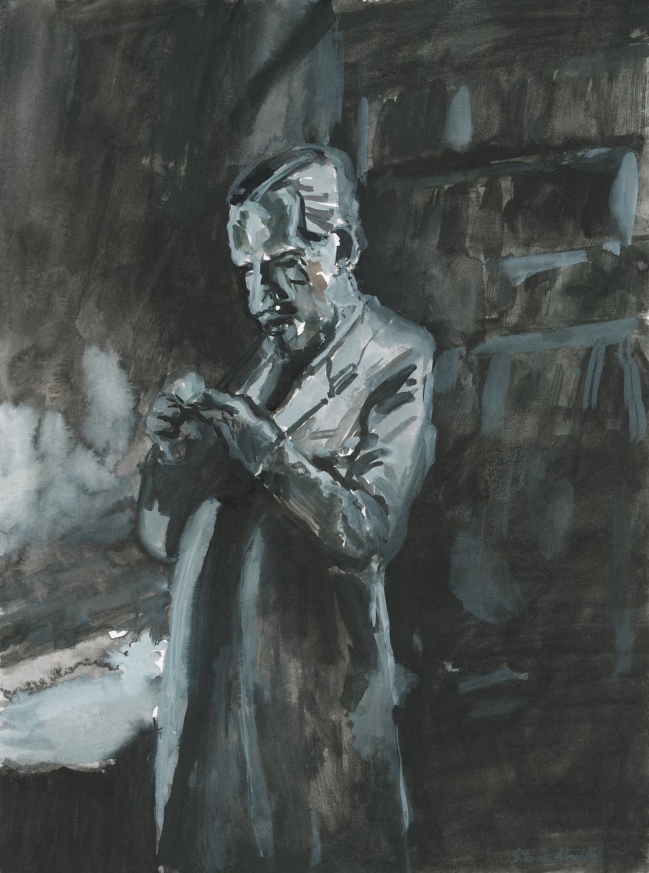 Mężczyzna palący fajkę, 2019 (akwarela na papierze) autorstwa Simon Neville