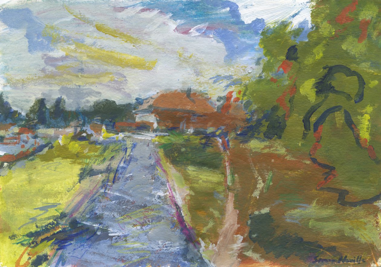Pavenment i skrót do domów, 2024 (akryl, akwarela, ołówki akwarelowe i pastel olejny na papierze) autorstwa Simon Neville