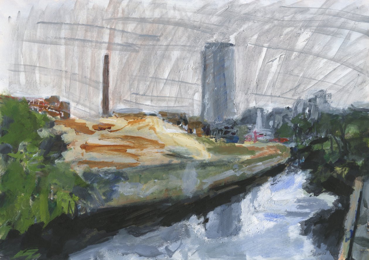 River Wandle and Ram Brewery redevelopment site, Wandsworth, 2025 (akryl, farba akrylowa, tusz indyjski, tusz olejny i grafit na papierze) autorstwa Simon Neville