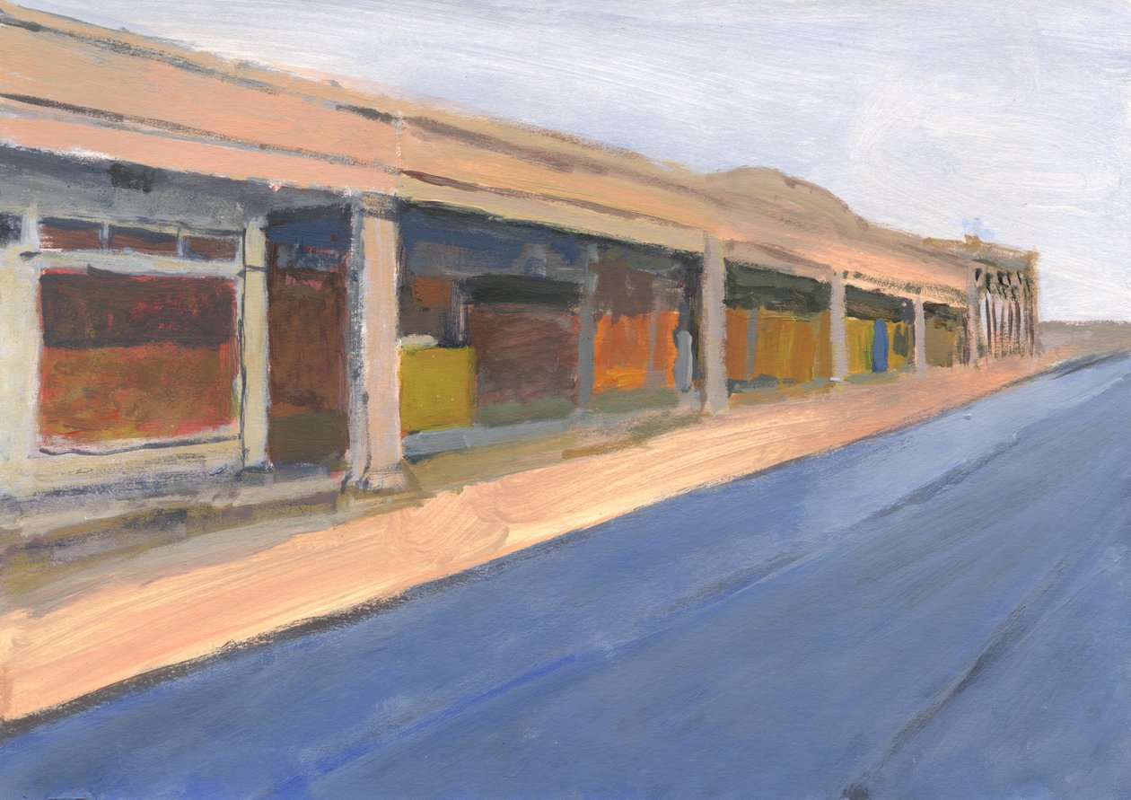 Strip mall 6, 2023 (akryl na papierze) autorstwa Simon Neville