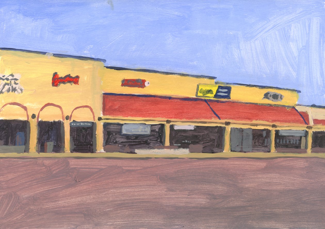 Strip mall 7, 2023 (akryl na papierze) autorstwa Simon Neville