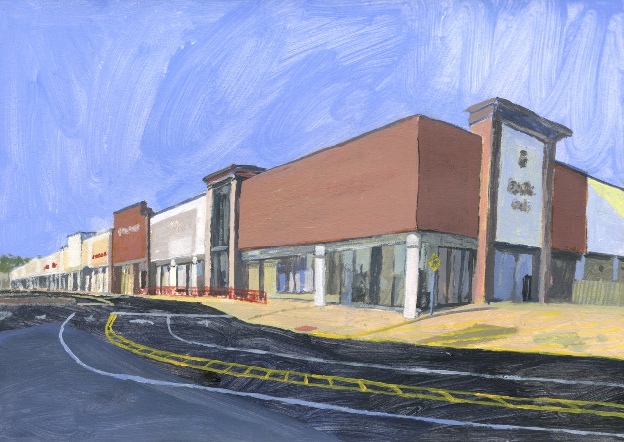 Strip mall 8, 2023 (akryl na papierze) autorstwa Simon Neville