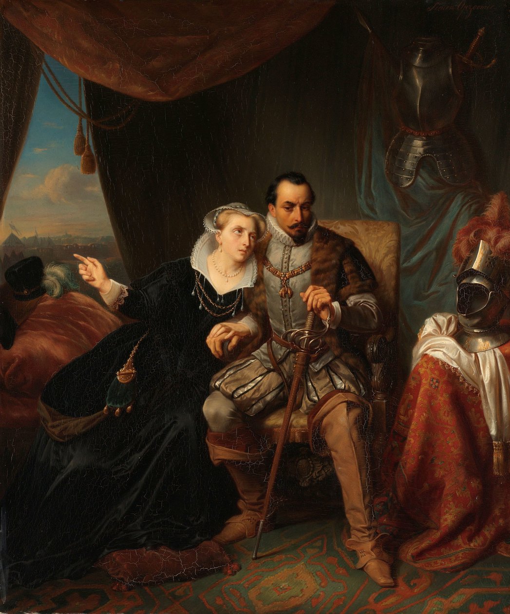 Magdalena Moons błaga swojego narzeczonego Francisco Valdeza, aby odłożył szturm na Lejdę na kolejną noc, 1574 Scena z wojny osiemdziesięcioletniej autorstwa Simon Opzoomer