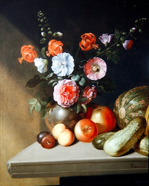 Martwa natura róż, delfinów i lilii autorstwa Simon Peter Tilmann