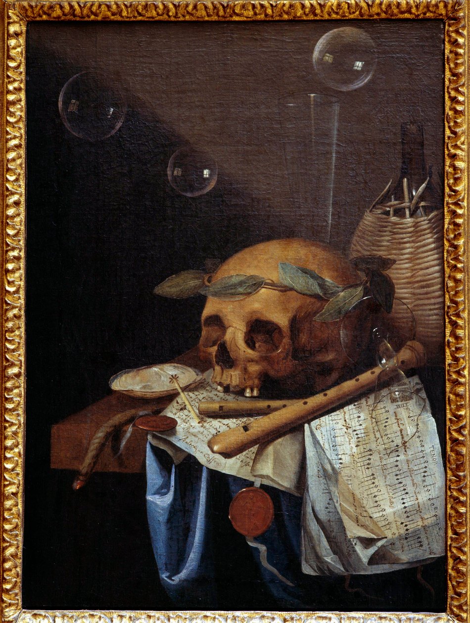 Vanite martwa natura z koroną czaszki wawrzynu, fletów, partytury i dzbanka na wino. Obraz Szymona Bernarda od św. Andrzeja (1613-1677) XVII w. Niedz. 0,6x0,43 m Lyon, Muzeum Sztuk Pięknych autorstwa Simon Renard de Saint Andre