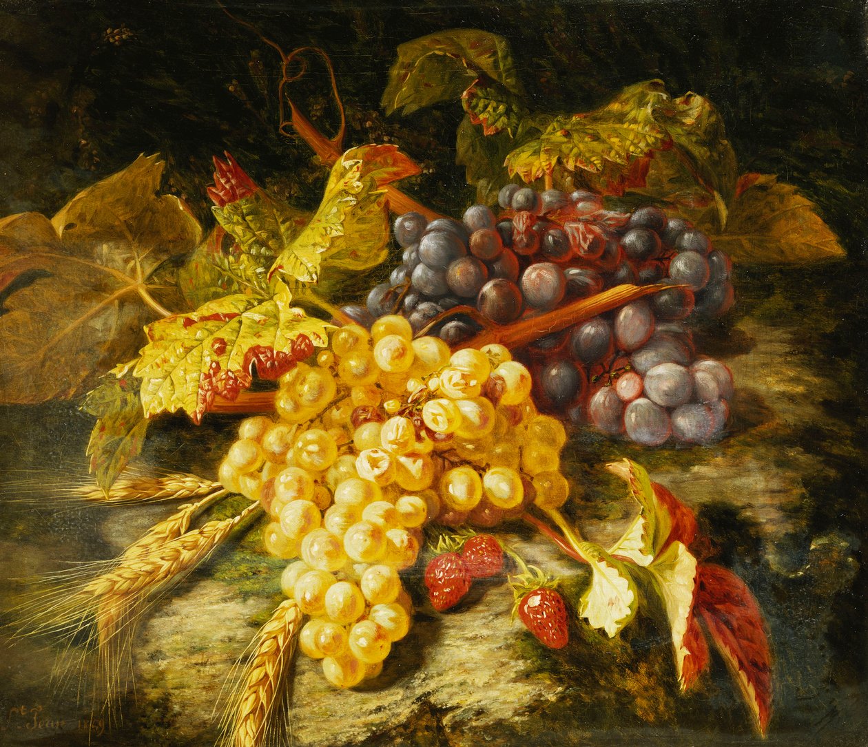 Winogrona, brodaty pszenica i truskawki na skalistej półce, 1849 autorstwa Simon Saint Jean