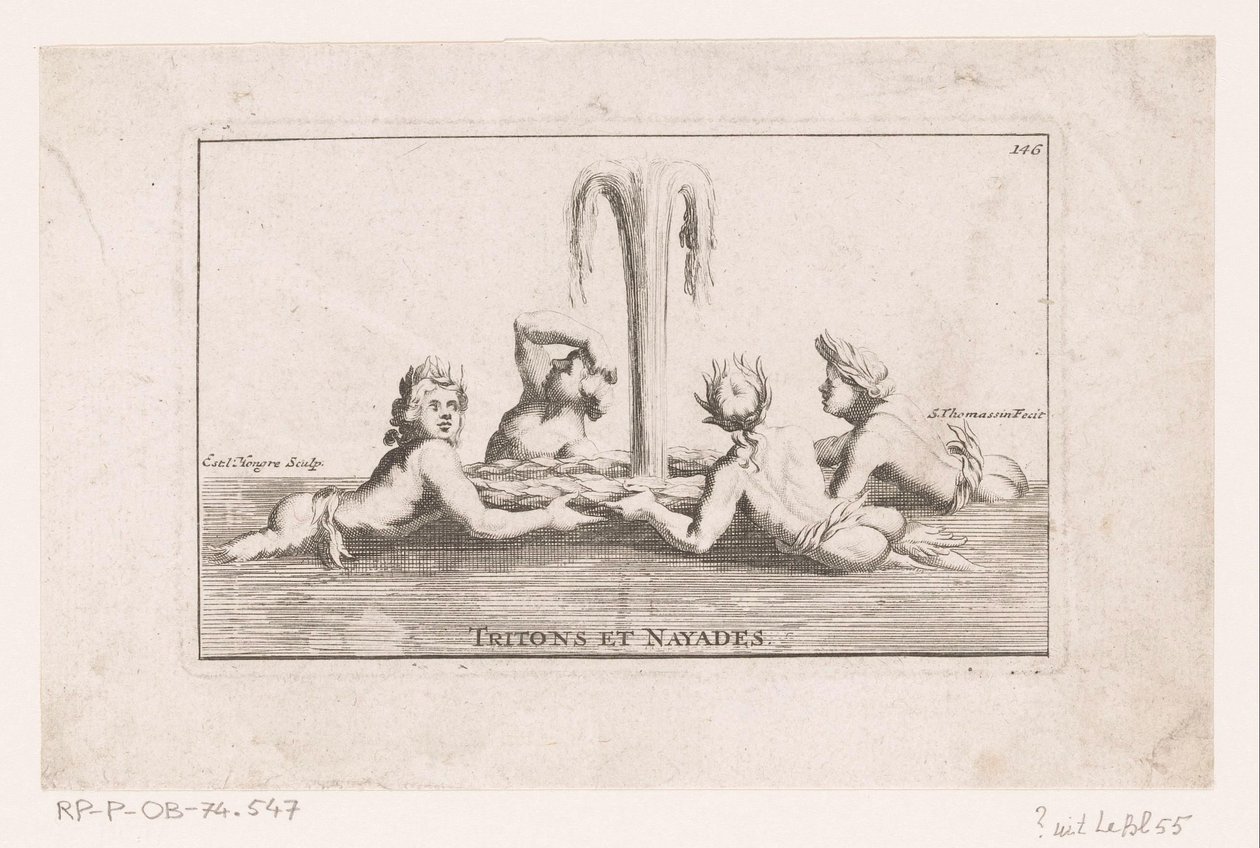Fonteinsculptuur van tritonen en naïaden Tritons et Nayades. (title on object) Recueil des statues, groupes, fontaines, termes, vases, et autres magnifiques ornemens du chateau & parc de Versailles (series title)   1356564   pl       polish Successfully Tr autorstwa Simon Thomassin