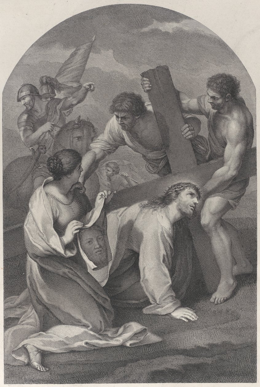 Chrystus upadł na ziemię pod ciężarem krzyża, w asyście dwóch mężczyzn i ..., ok. 6 tys. 1729. autorstwa Simon Vallee