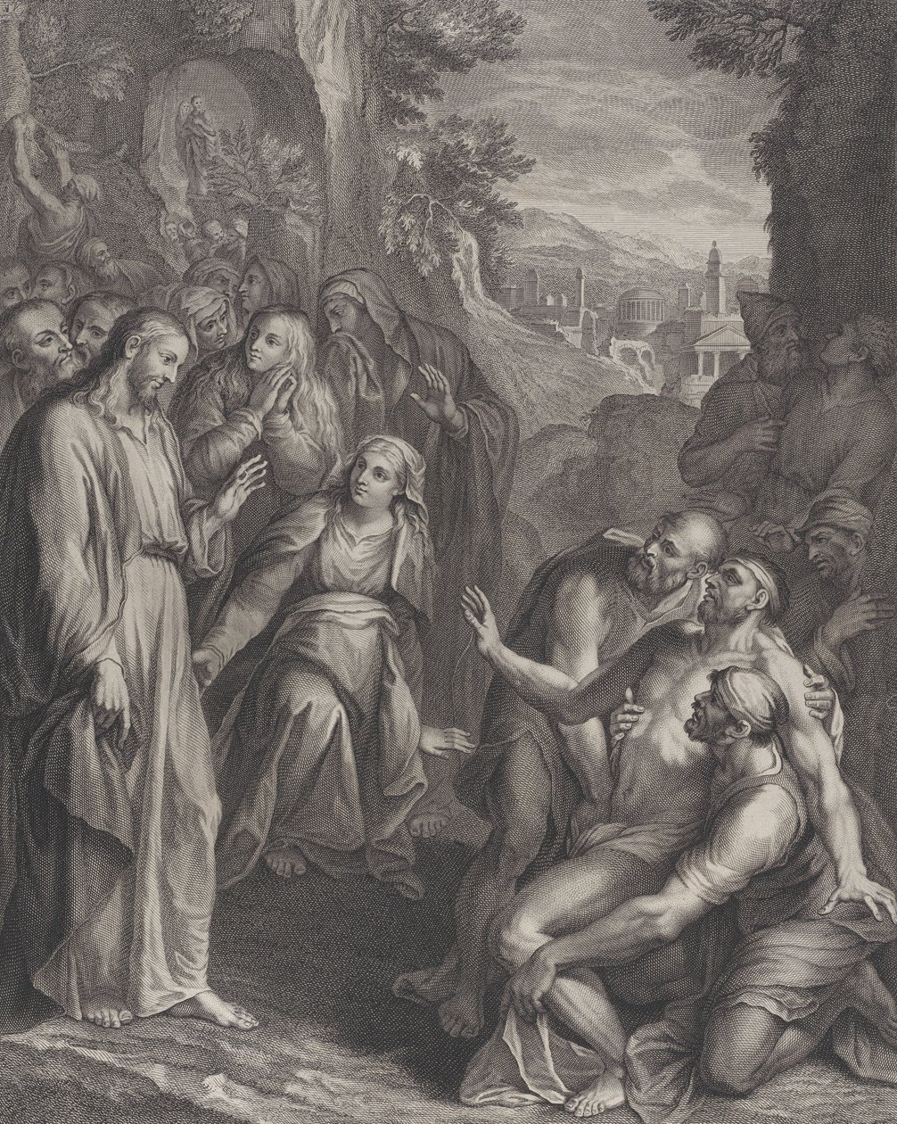Wskrzeszenie Łazarza, z Chrystusem stojącym po lewej stronie, ca. 1729. autorstwa Simon Vallee