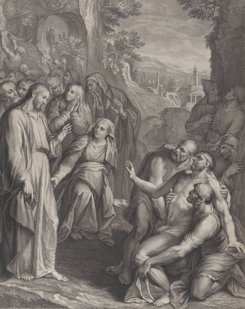 Wskrzeszenie Łazarza, z Chrystusem stojącym po lewej stronie, ca. 1729. autorstwa Simon Vallee