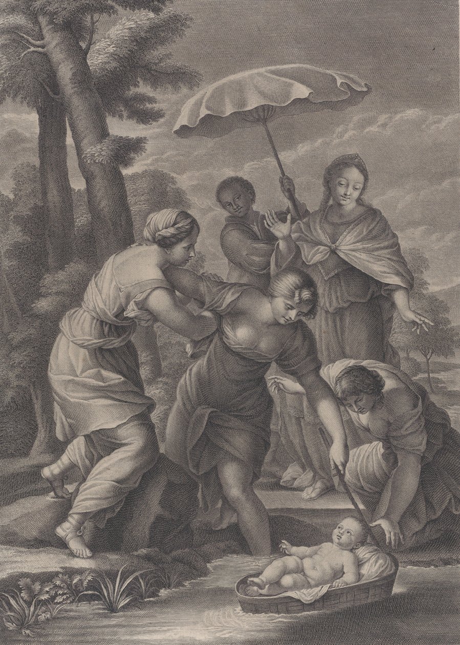 Trzy kobiety ciągnące z wody kosz z małym Mojżeszem, ok. godz. 1729. autorstwa Simon Vallee
