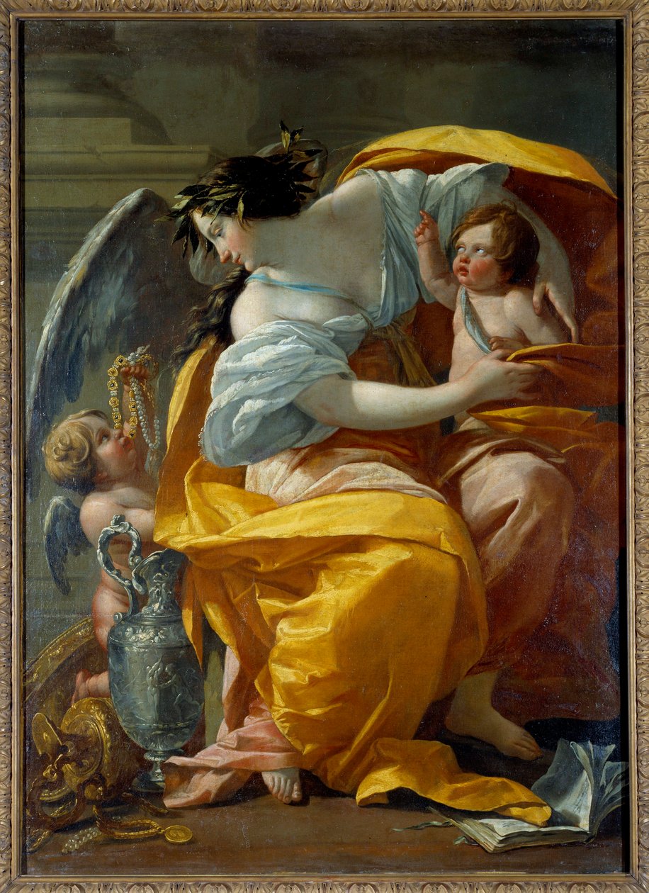 Alegoryczne przedstawienie bogactwa Kobieta, symbol fortuny i obfitości, otoczona puttami i klejnotami. Obraz Simona Voueta (1590-1649) XVII w. Niedz. 1,7x1,2 m² autorstwa Simon Vouet