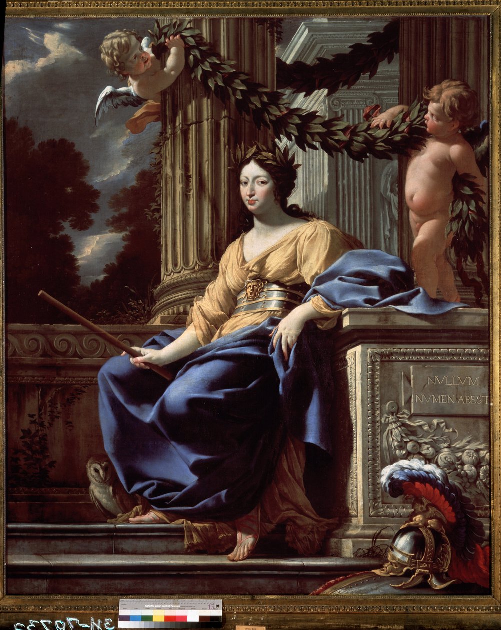 Alegoryczny portret Anny Austriaczki (1601-1666) (alegoryczny portret Anny Austriaczki). Królowa Francji reprezentowana jako bogini Minerwa (Atena) otoczona jej atrybutami (hełm, tarcza, sowa i pas z maską Meduzy). rejestracja autorstwa Simon Vouet