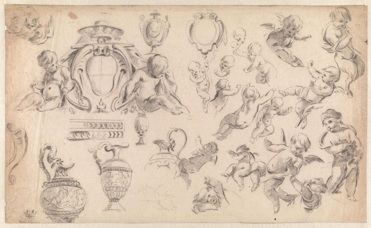 Studium do dekoracji z puttami i ornamentami autorstwa Simon Vouet