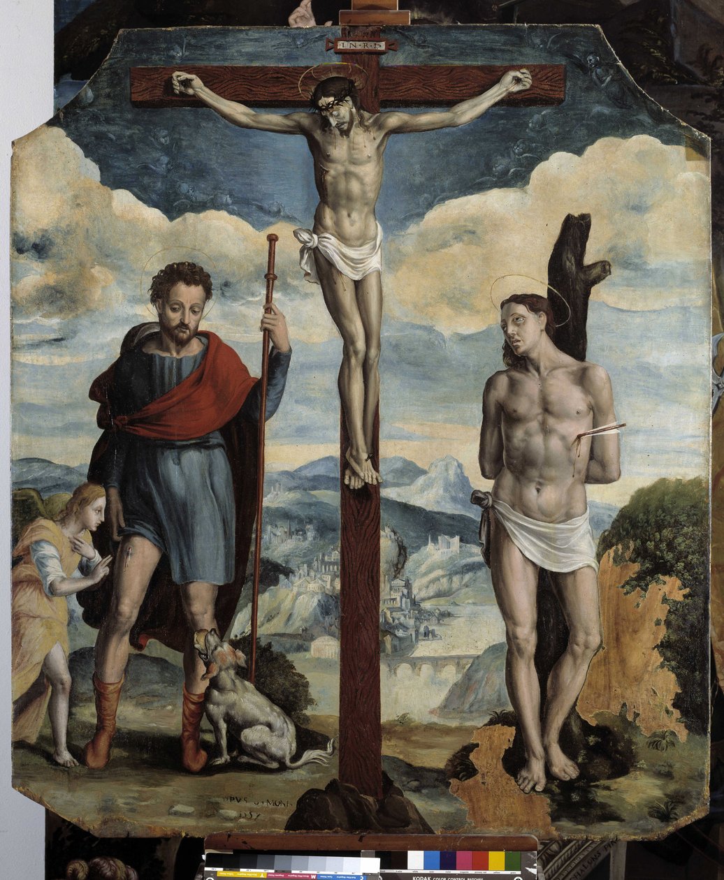 Ukrzyżowanie ze św. Rochem i św. Sebastianem (olej na desce) autorstwa Simon de Châlons