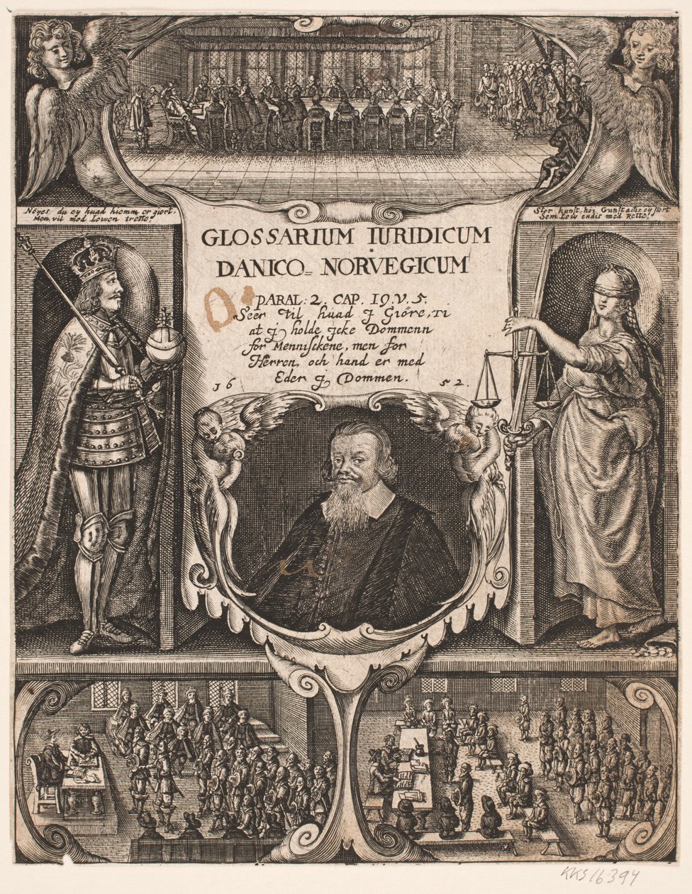 Strona tytułowa z portretem C.O. Welon do "Glosarium juridicum Danico - Norvegicum", 1652 autorstwa Simon de Pas