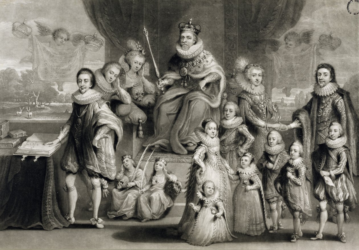 Jego Królewska Mość Jakub I i Jego Królewskie Potomstwo wraz z Rodziną Króla Czech rycił Charles Turner (1773-1857), 1814 autorstwa Simon de Passe