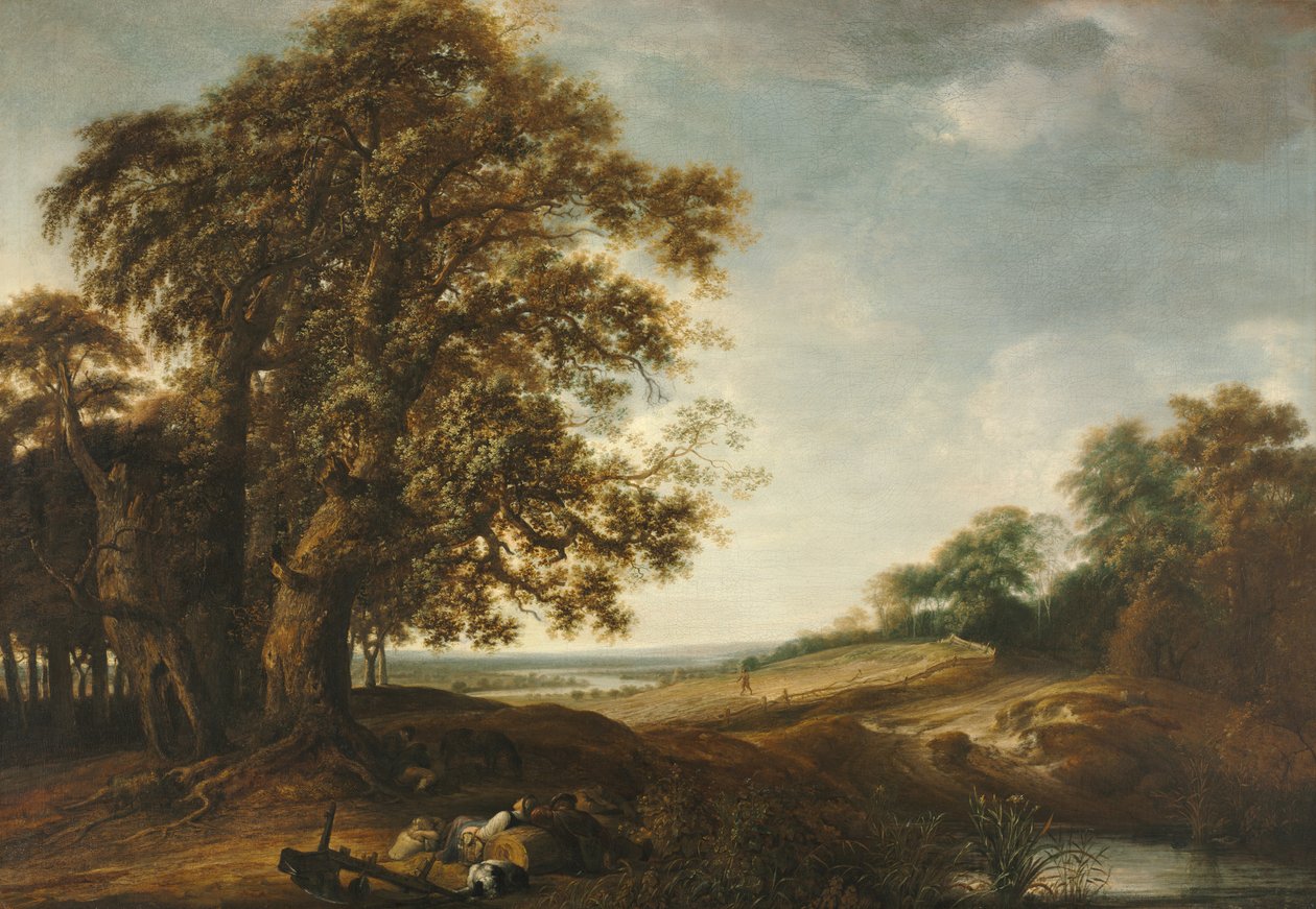 Chłopi śpiący w pobliżu pól Przypowieść o chwastach, 1650-1653. autorstwa Simon de Vlieger