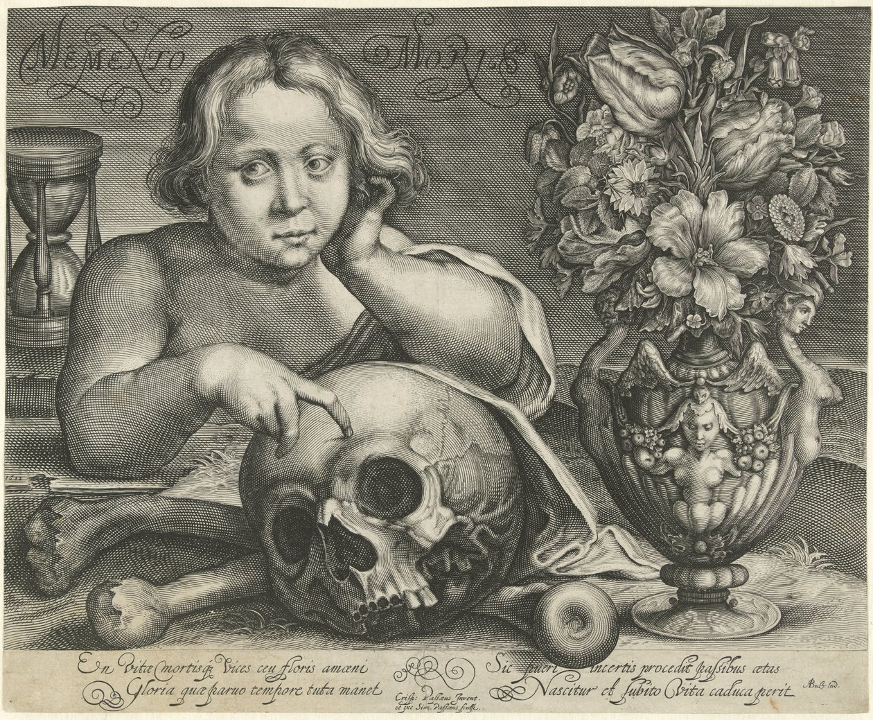 Dziecko z czaszką (Vanitas) Memento Mori (tytuł na obiekcie) autorstwa Simon van de Passe
