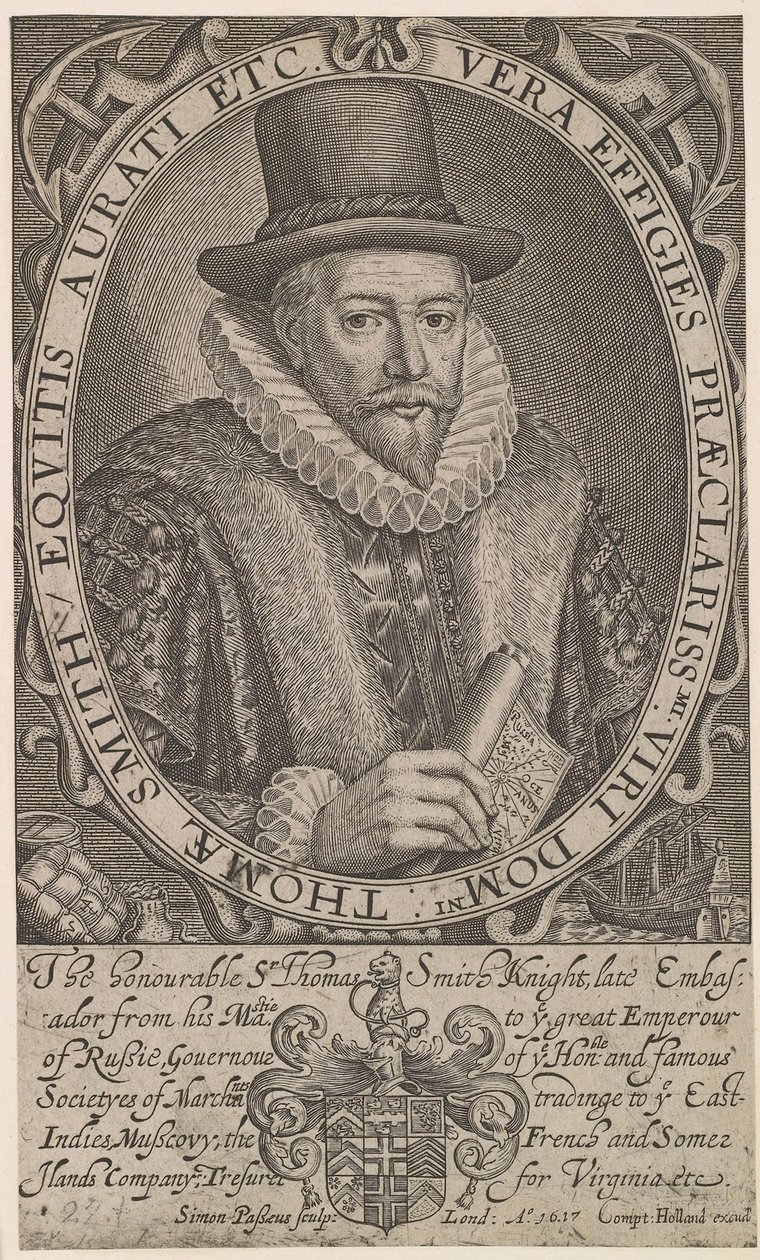 Sir Thomas Smith, pierwszy gubernator Kompanii Wschodnioindyjskiej, ambasador w Rosji 1604-1605, 1617. autorstwa Simon van de Passe