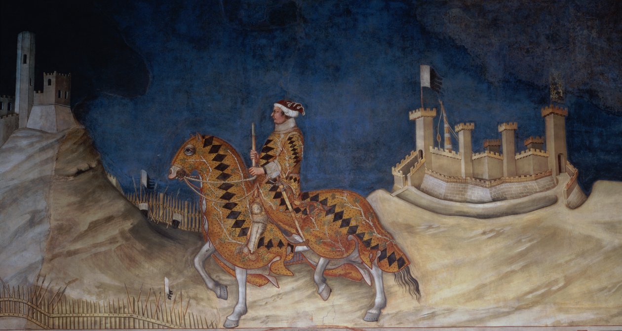 Upamiętnienie Guidoriccia da Fogliano podczas oblężenia Montemassi, z Sala del Mappamondo, 1328 (więcej) autorstwa Simone Martini