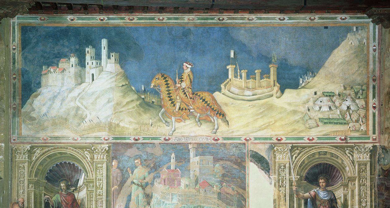 Upamiętnienie Guidoriccia da Fogliano podczas oblężenia Montemassi, z Sala del Mappamondo, 1328 autorstwa Simone Martini
