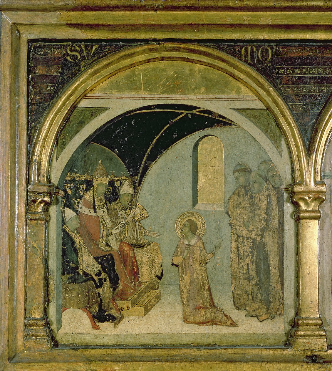 Szczegół ukazujący św. Ludwika przed papieżem Bonifacem VIII z predelli św autorstwa Simone Martini