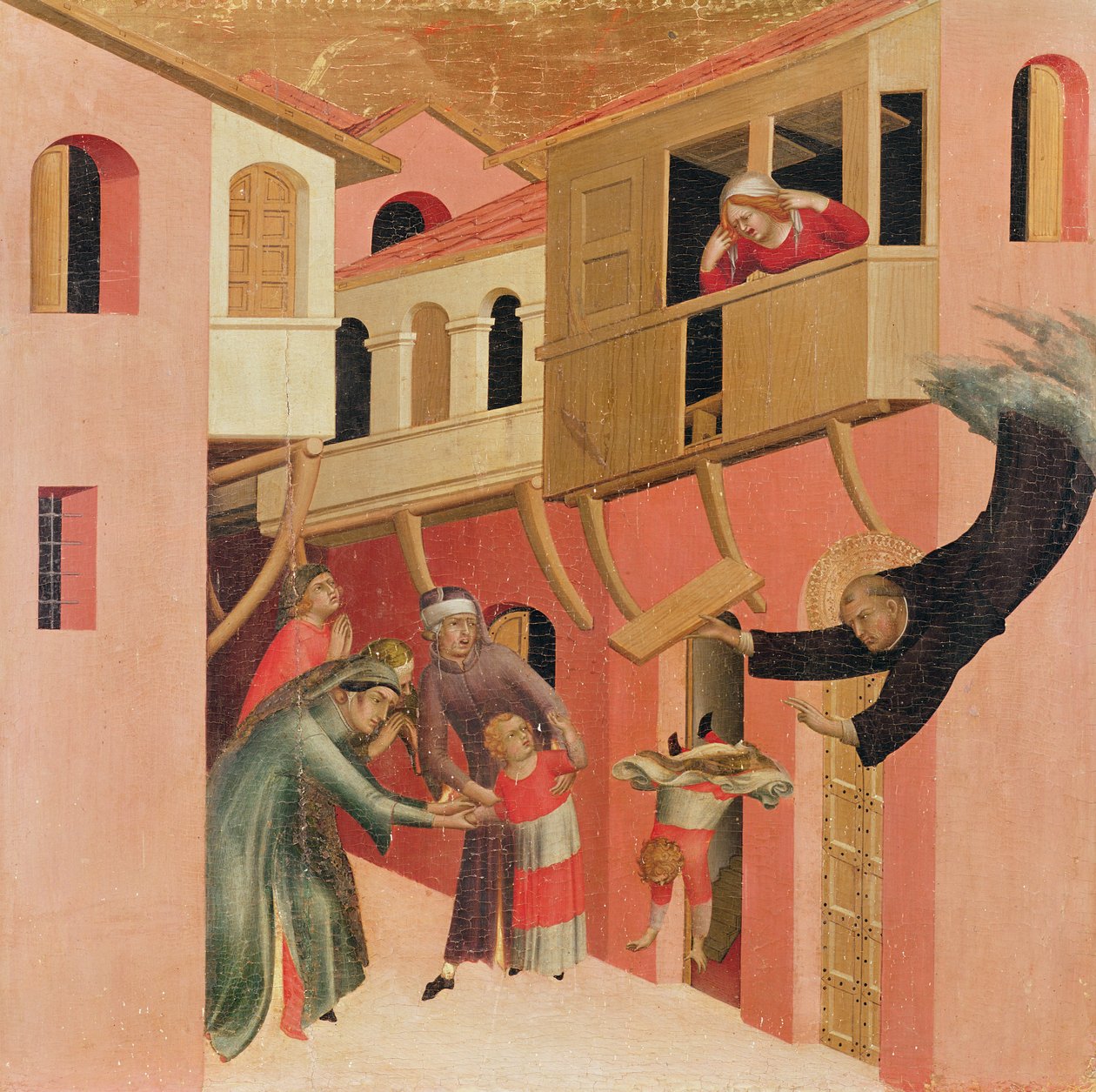 Poliptyk Błogosławionego Agostina Novello i cztery historie z jego życia, fragment lewego panelu przedstawiającego Agostino Novello ratującego dziecko spadające z balkonu, ok. 1328 (tempera na panelu) autorstwa Simone Martini