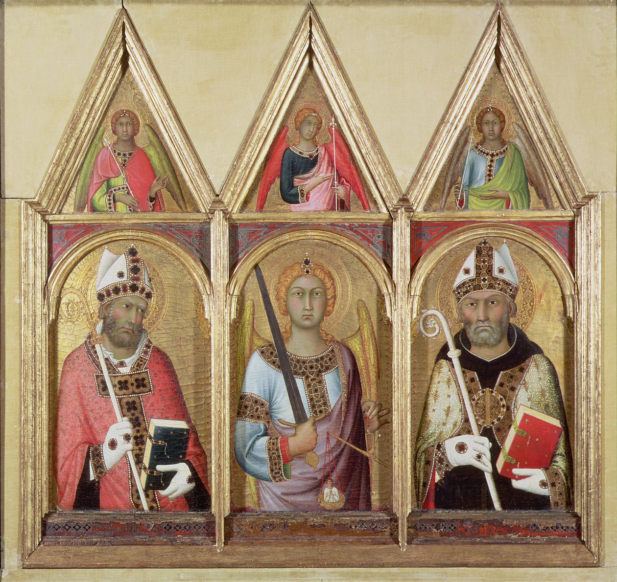 Św. Geminianus, Św. Michał i Św. Augustyn, ok. 1319 (tempera ze złotem na desce) (detale 58834 i 58836) autorstwa Simone Martini