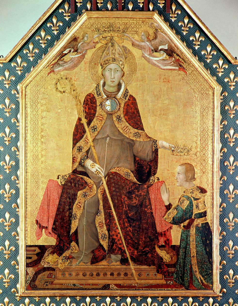 Św. Ludwik z Tuluzy (1274-97) koronujący swego brata Roberta z Anjou (1278-1343) z ołtarza Św. Ludwika z Tuluzy, 1317 (tempera na panelu) autorstwa Simone Martini
