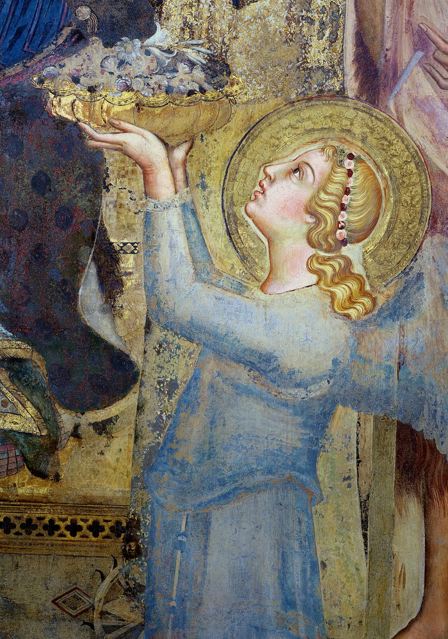 Maesta: Anioł ofiarowujący kwiaty Dziewicy, 1315 detal fresku z 51591 autorstwa Simone Martini