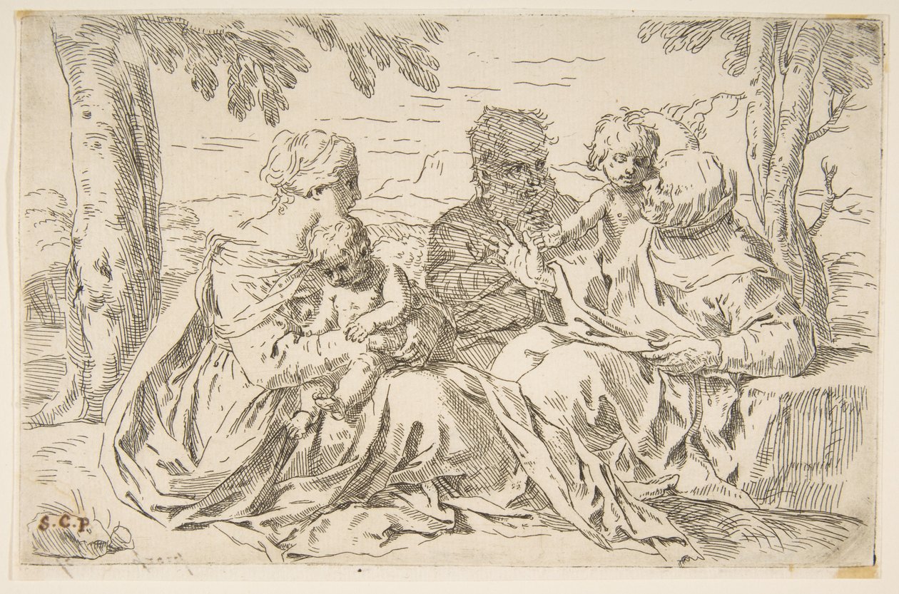Święta Rodzina ze św. Elżbietą i św. Janem Chrzcicielem, ca. 1639. autorstwa Simone Cantarini