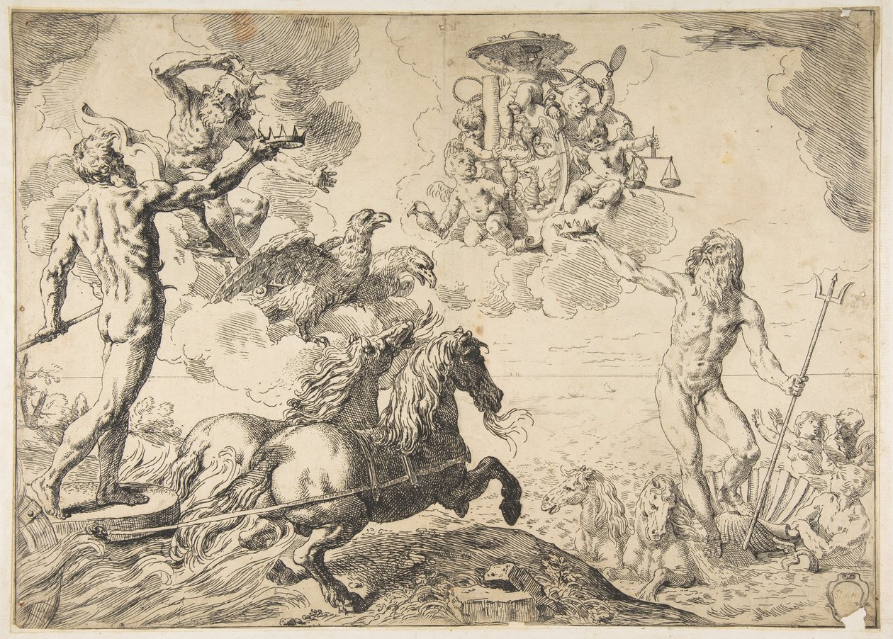 Jowisz, Neptun i Pluton ofiarowują swe korony ramionom kardynała Borghese, 1642-43. autorstwa Simone Cantarini