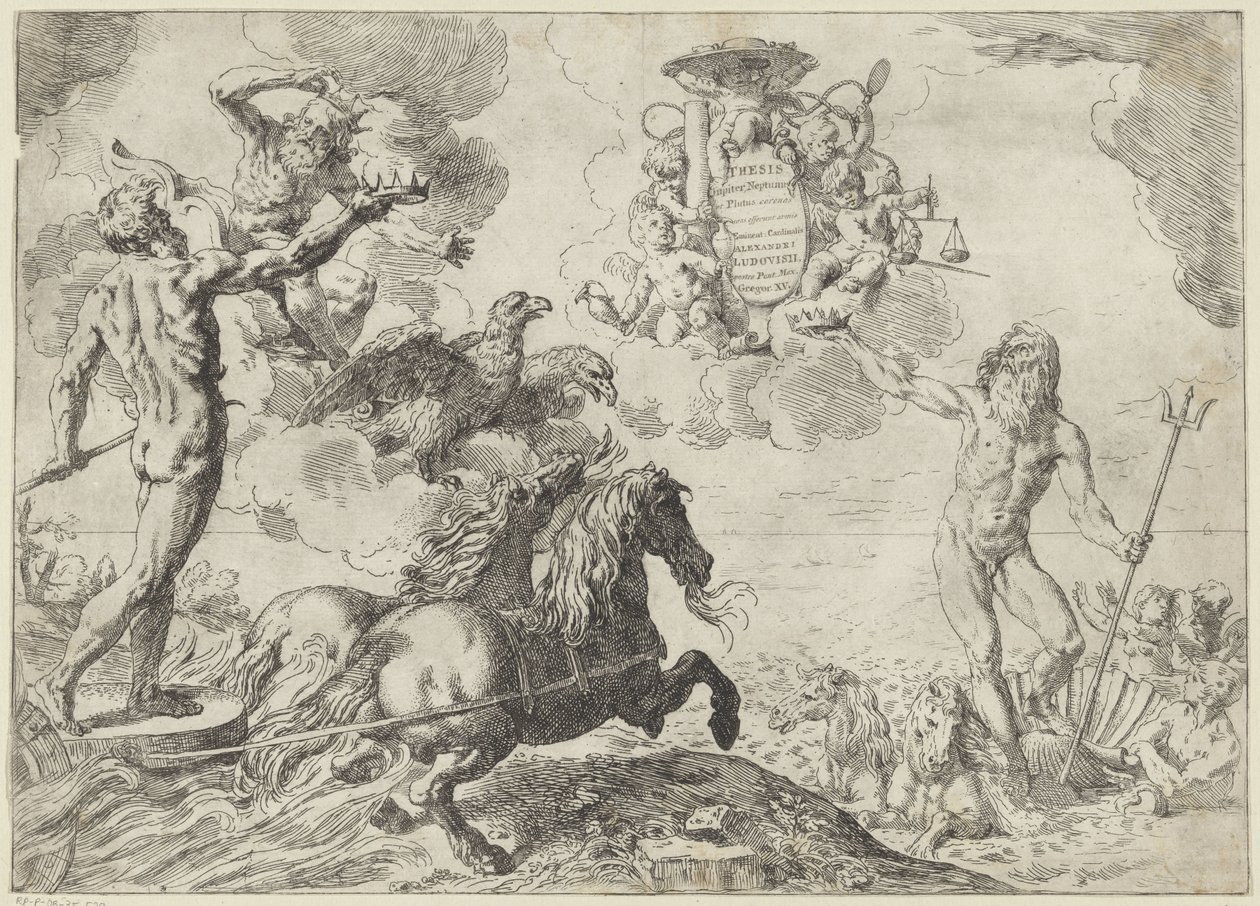 Jowisz, Neptun i Pluton ofiarowują swoje korony w ramionach kardynała Scipione Borghese Teza Jupiter, Neptune et Pluton coronas suas offerunt armis (tytuł na obiekcie) autorstwa Simone Cantarini