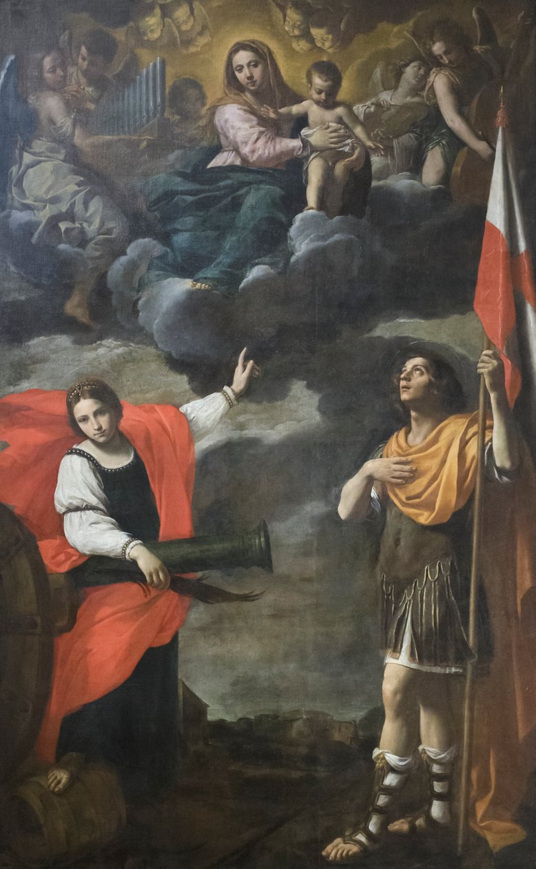 Madonna w chwale z Dzieciątkiem i świętymi Barbarą i Terencjuszem, ok. 1630 (olej na płótnie) autorstwa Simone Cantarini