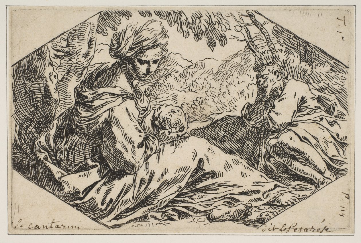 Odpocznij w Egipcie, Maryja trzymająca i patrząca na Dzieciątko Chrystus, podczas gdy św. 1637-1639. autorstwa Simone Cantarini