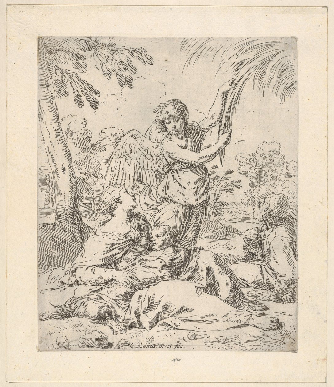 Odpocznij w Egipcie, Maryja pielęgnująca niemowlę Chrystus, podczas gdy anioł ciągnie za gałąź..., ok. 1630-1648. autorstwa Simone Cantarini