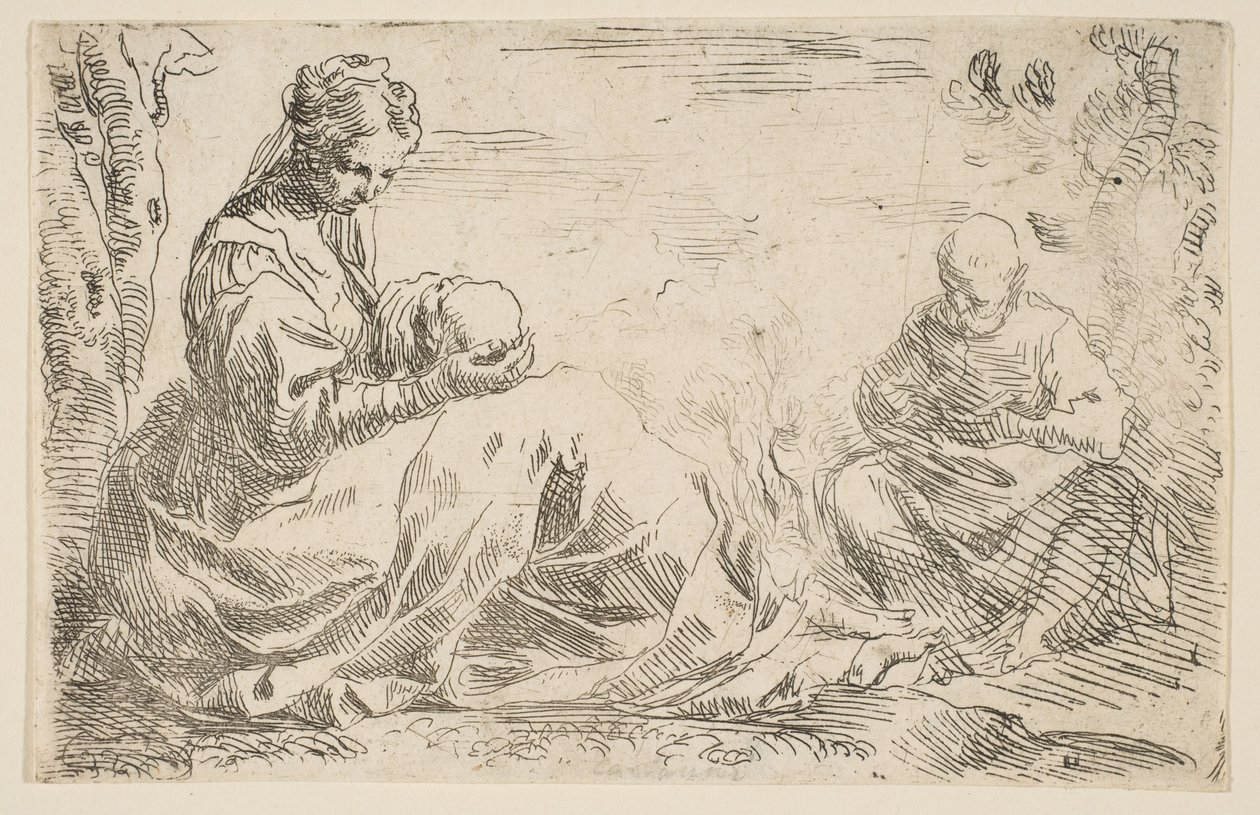Odpocznij w locie do Egiptu, Maryja trzymająca i patrząca na Dzieciątko Chrystus, podczas gdy św. 1637. autorstwa Simone Cantarini