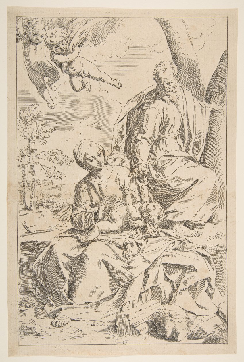 Odpocznij w ucieczce do Egiptu, Maryja trzymająca Dzieciątko Chrystusa, podczas gdy św. 1639. autorstwa Simone Cantarini
