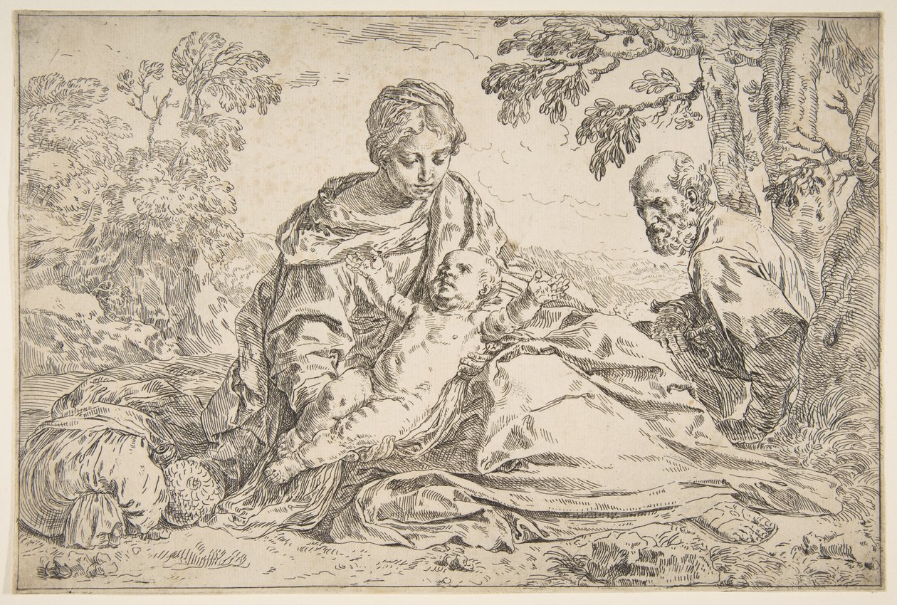 Odpocznij podczas lotu do Egiptu, Maryja trzymająca Dzieciątko Chrystusa ze św. Józefem po prawej stronie, ok. godz. 1640. autorstwa Simone Cantarini