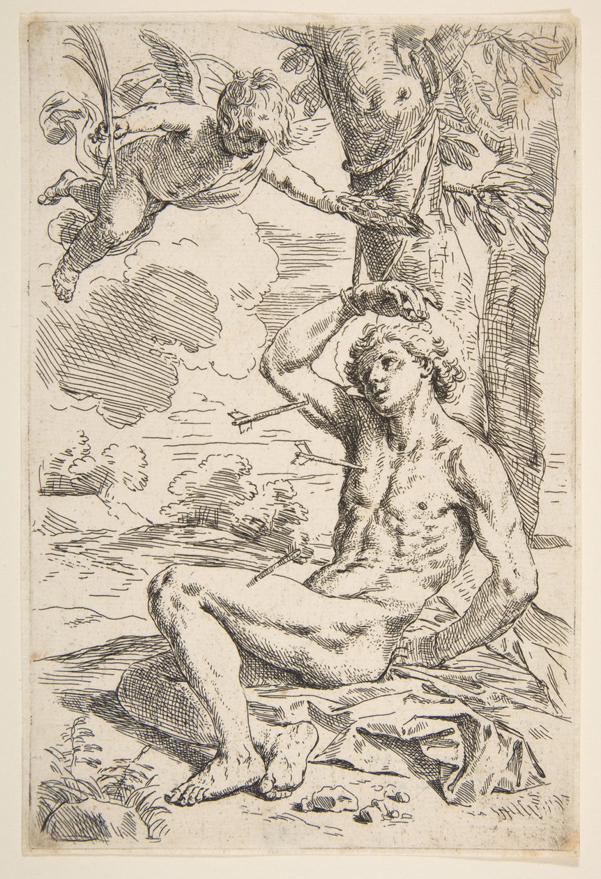 Św. Sebastian przeszyty strzałami i przywiązany do drzewa, ca. 1639. autorstwa Simone Cantarini