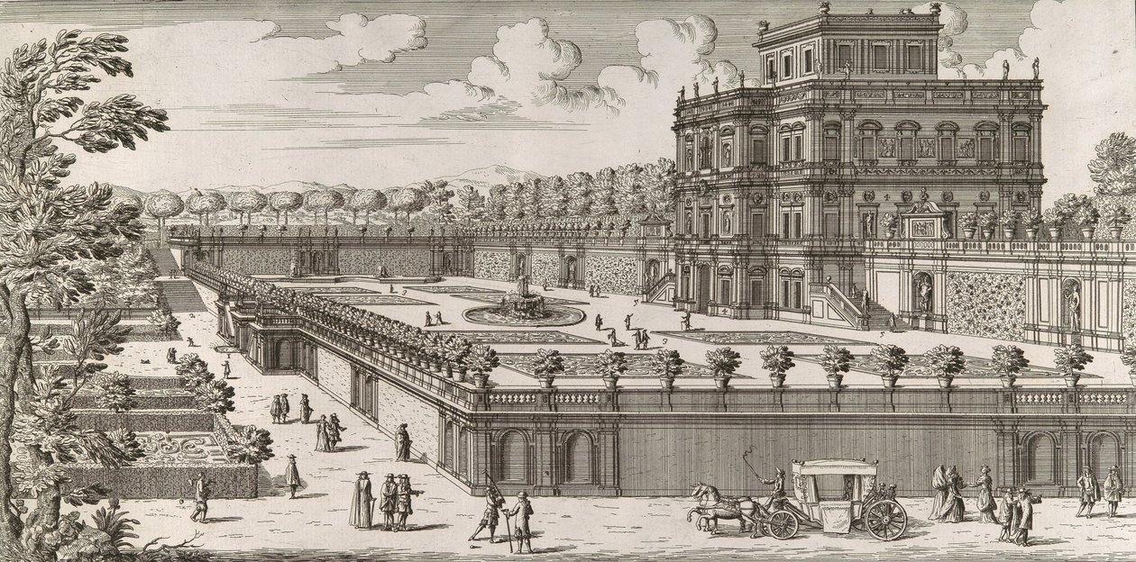 Widok na fasadę Palazzo Pamphili i jego ogród Secondo Prospetto Pe..., po autorstwa Simone Felice