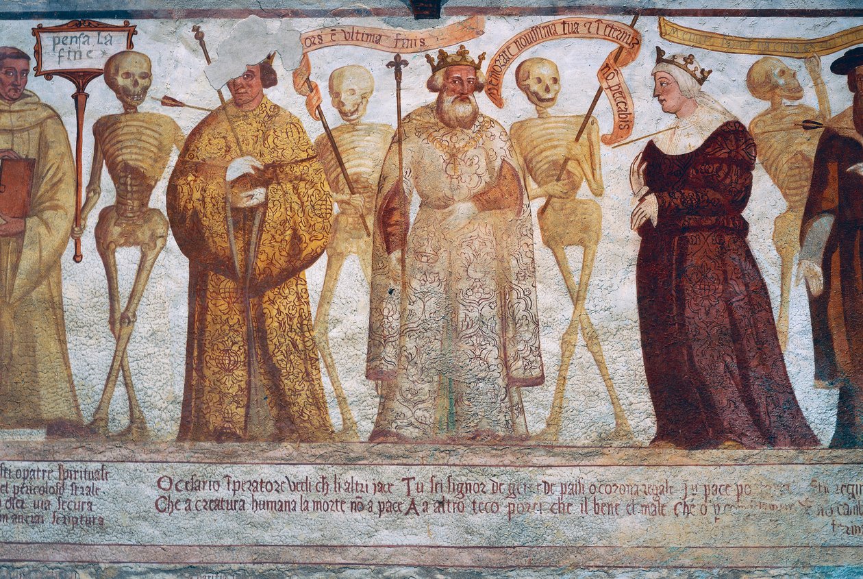 Śmierć z cesarzem, królem i królową, fragment z Tańca śmierci autorstwa Simone II Baschenis